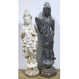 (lot of 2) Sculptures of bodhisattva, each standing on a lotus pedestal, adorned in elaborate