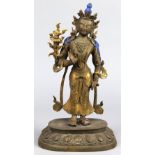 Sino-Tibetan copper alloy bodhisattva, wearing a five point diadem holding a lotus sprig issuing a