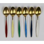 (lot of 6) Georg Jensen sterling silver and gilt wash demitasse spoons, each with an enamel handle