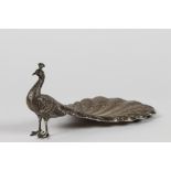 American or Continental sterling silver peacock dish, 20th Century, depicting a standing bird with a