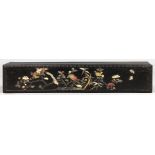 Chinese overlaid wooden scroll box, the lid featuring a bird and butterflies amid flowers executed