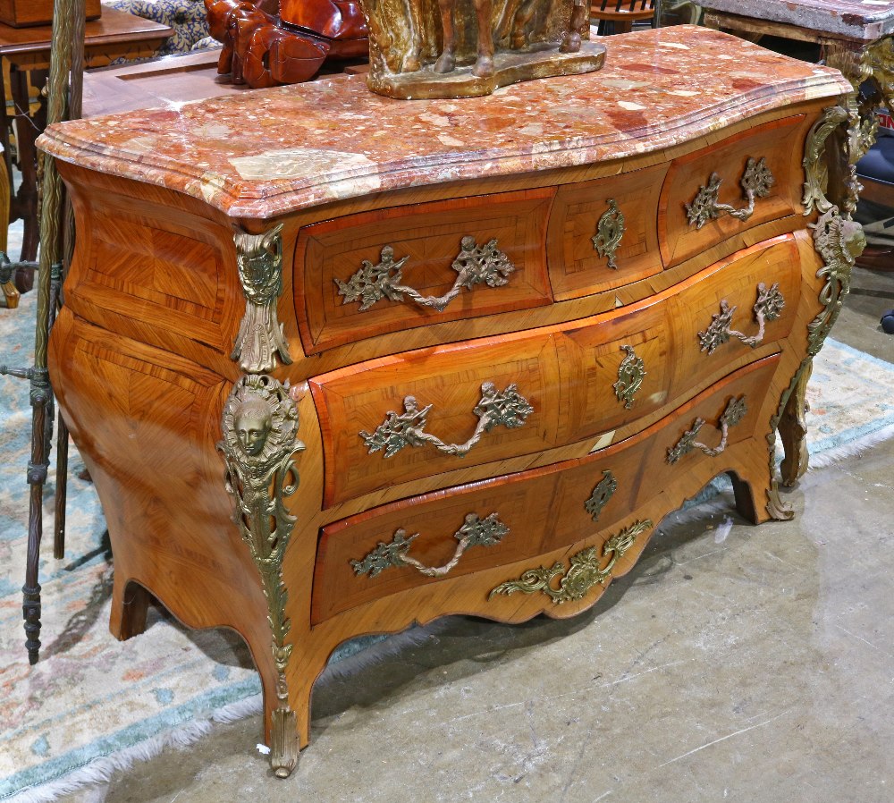 Louis XV style inlaid commode, the shaped marble top over the ormolu mounted (4) drawer case, 34.5"h
