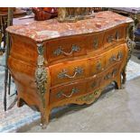 Louis XV style inlaid commode, the shaped marble top over the ormolu mounted (4) drawer case, 34.5"h