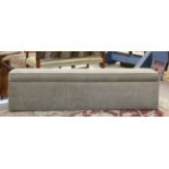 Custom upholstered bench, having a hinged lid opening to a storage area, 19"h x 72"l x 10"d