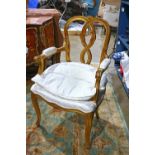 Louis XV style gilt wood fauteuil, having an open work back splat over the upholstered seat and