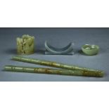 (lot of 5) Chinese hardstone decorative scholar's items: including wrist/brush rest with a shou