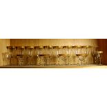 One shelf of gilt rimmed glass stemware, including wine glasses coupes and (2) cordials, tallest,