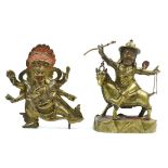 (lot of 2) Sino-Tibetan small bronze Buddhist sculptures: of Dam-can mounted on a goat; the other of