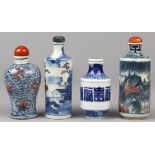 (lot of 4) Chinese underglaze blue and red porcelain snuff bottles, one of meiping form with