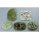 (lot of 5) Chinese hardstone plaques: two featuring geese; one of bird-and-flowers; another of