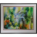 Tropical Flowers and Pavilion, watercolor, signed "Dorie N. Tuttle" lower right, 20th century,