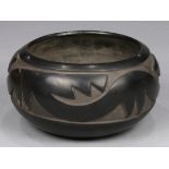 Santa Clara Tafoya family style blackware Avanu bowl, 20th Century, the round compressed form with a