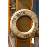 Hand-sewn and hand-painted canvas and cork life ring, late 19th Century, reading "S.S. Cape Bon