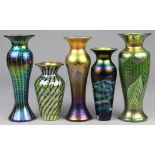 (lot of 5) Lundberg Studios group, each having a tapered form in iridescent glass, executed in