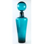 Blenko blue floor glass decanter by Joe Myers, having a large spherical stopper above the tapering