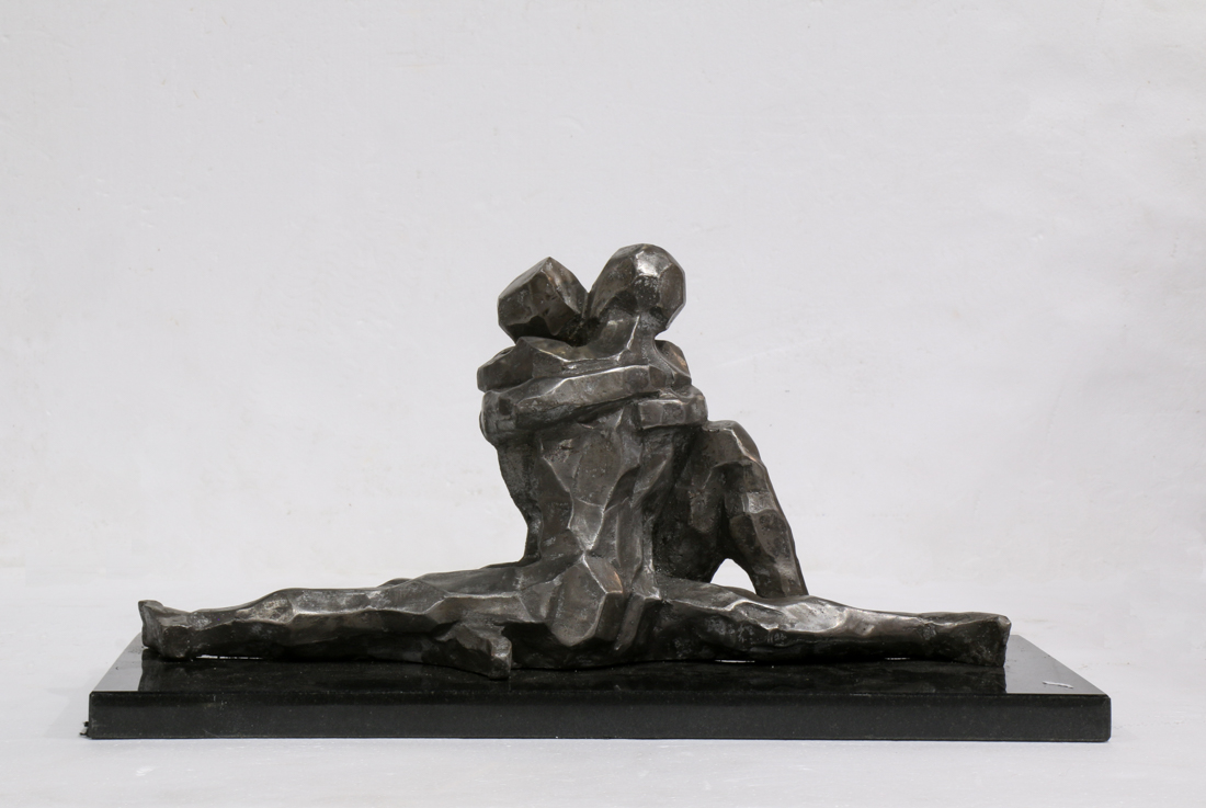 Seated Embrace, metal sculpture, unsigned, 20th century, overall (on marble base): 8.5"h x 18"w x