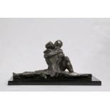 Seated Embrace, metal sculpture, unsigned, 20th century, overall (on marble base): 8.5"h x 18"w x
