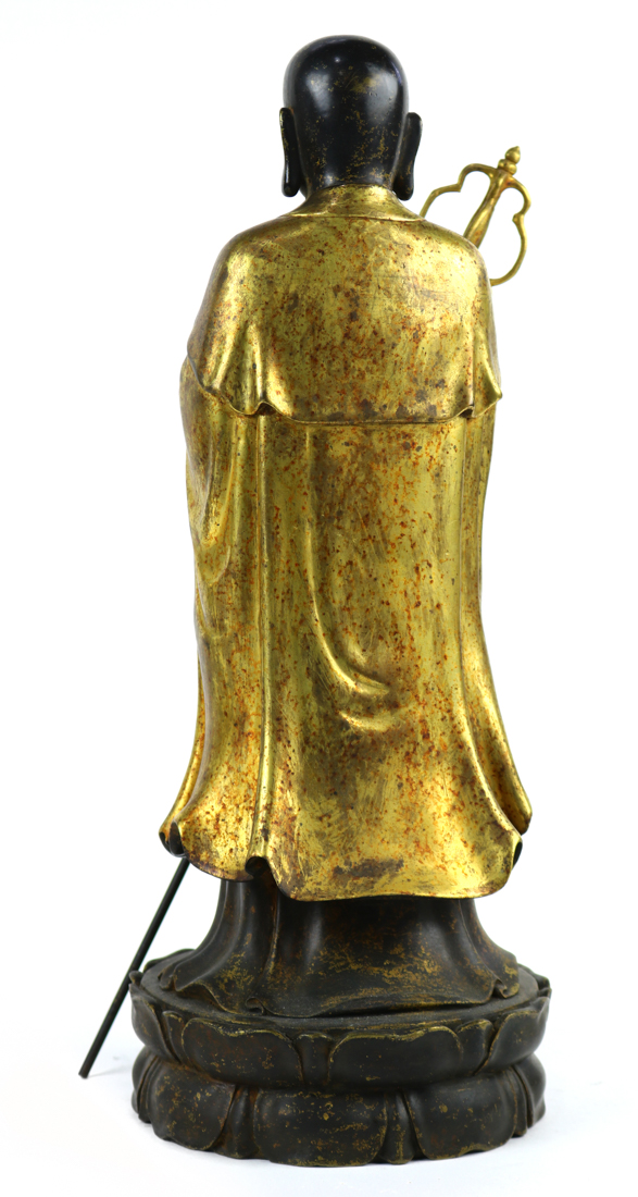 Chinese statue of Dizang, holding a staff in the right hand and a sacred jewel in the left, - Image 3 of 8