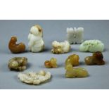 (lot of 11) Group of Chinese hardstone carvings, including one with a pair of ducks; a rooster;