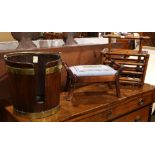 (lot of 3) Edwardian wooden bucket or cooler, with brass mounts, 14"h, together with a footstool