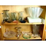 Two shelves of assorted glass decorative objects, including (6) frosted glass square form dessert