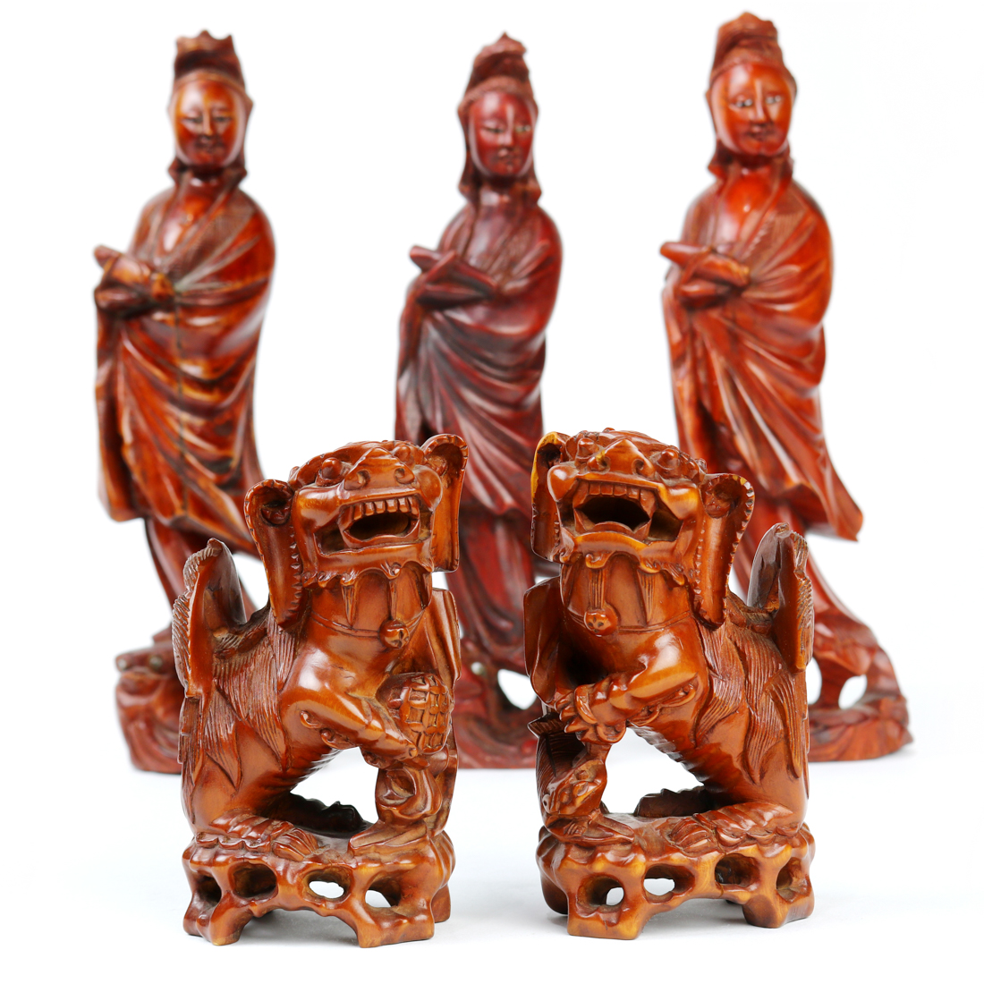 (lot of 5) Chinese wood carvings: consisting of a pair of fu-lions; together with three female - Image 3 of 3