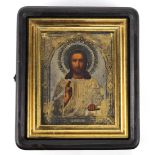 Russian icon, having a silver oklad, depicting Christ Pantocrator, 10"h x 9"w