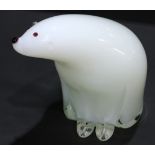 Murano glass polar bear sculpture, executed in cased white glass, with brown eyes and nose, signed