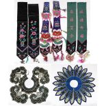 (lot of 8) Chinese embroidered collars and tassels: two collars decorated with birds-and-flowers;