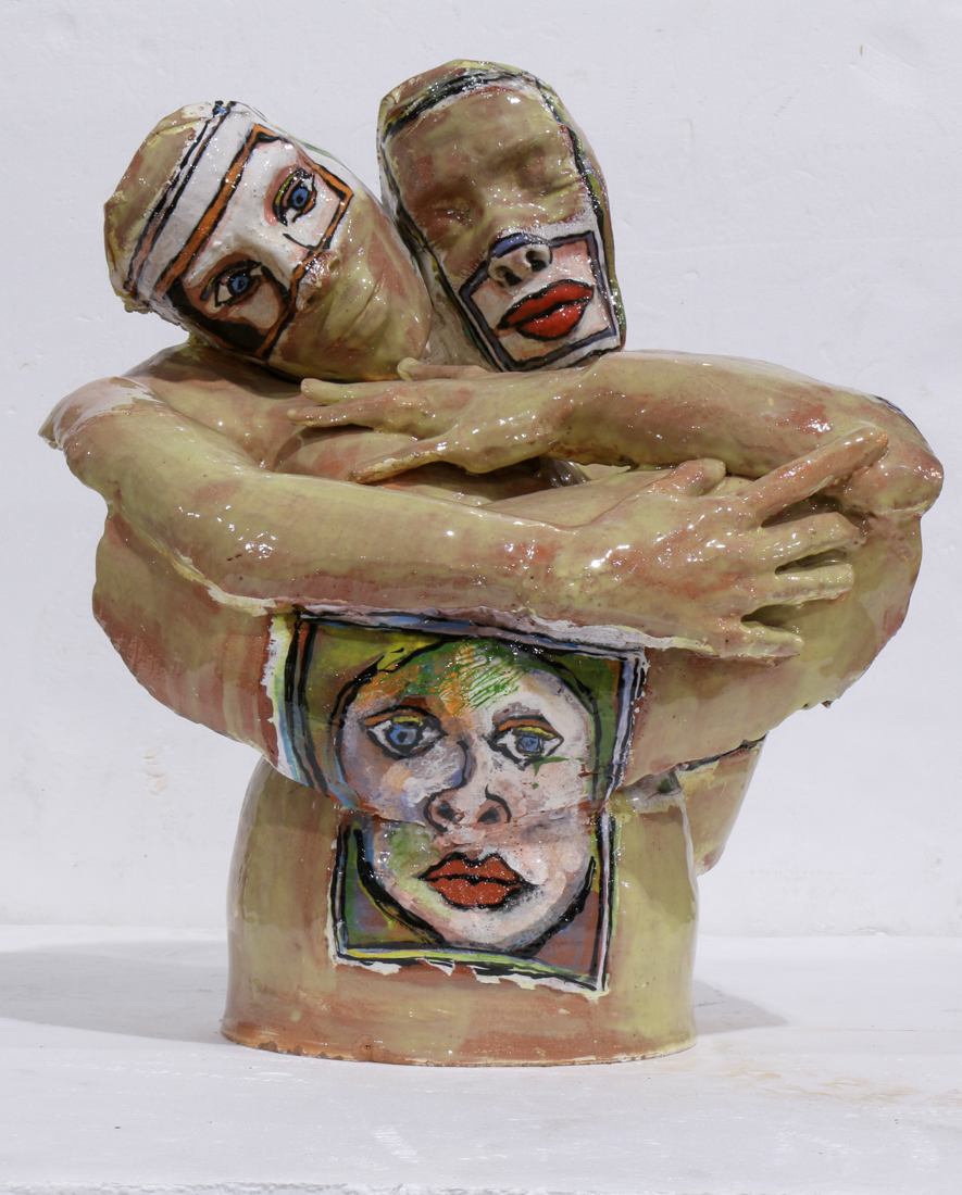 Matt Lees (American, 20th century), Faces Embraced, painted ceramic sculpture, unsigned, overall: