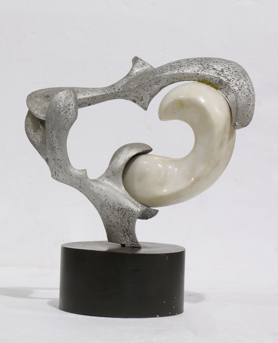 Twisted Heart, metal and marble sculpture on wooden base, unsigned, 20th century, overall (with