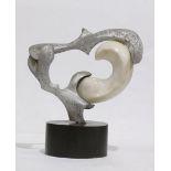 Twisted Heart, metal and marble sculpture on wooden base, unsigned, 20th century, overall (with