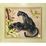 Two Black Jaguars, watercolor and gouache on paper, signed "Peters" lower left, 20th century,