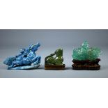 (lot of 3) Assorted Chinese stone carvings: first, a fluorite duck and fish on a wood stand; second,