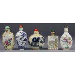 (lot of 5) Chinese porcelain snuff bottles: the first with a flattened circular body decorated