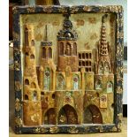 Old Spanish wood carving showing city scene, with import stamp (NY) on back, 2'4''h x 1'11''w