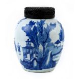 Chinese underglazed blue porcelain jar, featuring group of scholars playing a board game in the