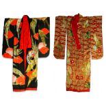 (lot of 2) Japanese silk uchikake kimono for wedding: heavily embroidered in silver and gold colored