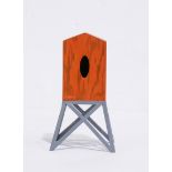 Bird House on the Tower, 1990, painted wood and metal sculpture, signed indistinctly and dated