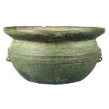 Chinese bronze jian water vessel, with a wide everted rim above a compressed body with horizontal