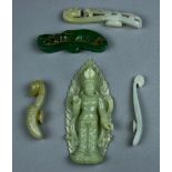 (lot of 5) Chinese hardstone belt hooks: three of dragon form; the other with a cicada on the shaft;