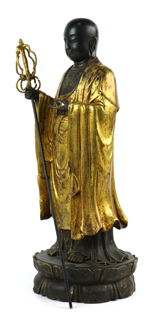 Chinese statue of Dizang, holding a staff in the right hand and a sacred jewel in the left, - Image 2 of 8