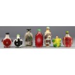 (lot of 7) Chinese glass snuff bottles, 19th/20th century: first, in the form of a corn cob with