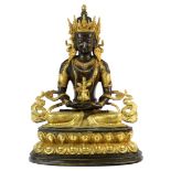 Sino-Tibetan gilted metal alloy statue of Amitayus, the bodhisattva is holding a longevity vase in