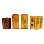(lot of 4) Group of bamboo brush pot: one of rhombus form carved with inscription; the other a six