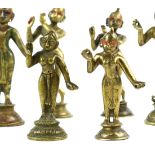 (lot of 6) Indian small copper alloy sculptures, mostly in the form of a yaksha in tribanga pose