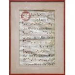 Illuminted antiphonal page on vellum, overall (with frame): 28"h x 22"w