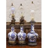 (lot of 3) Asian style lamp group, each with a porcelain blue and white standard, largest: 24"h