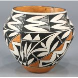 Acoma pottery olla or water jar, having a wide mouth, with geometric patterns to the exterior, 8"h