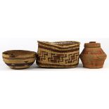 (lot of 3) Northwest Coast twined basket group, consisting of a Hupa hat, Karuk storage basket and